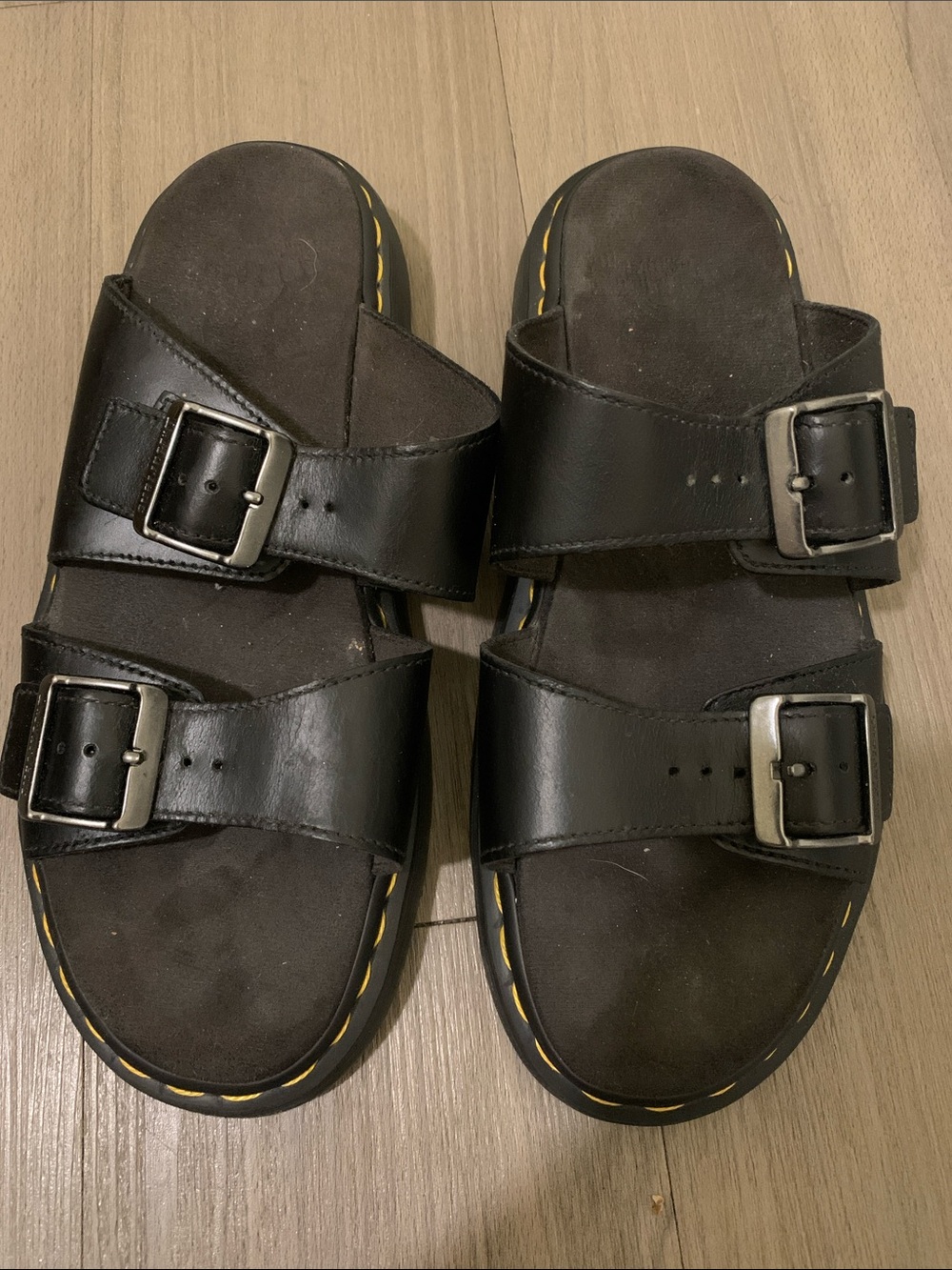 Dr. Martens Black Double-Buckle Slide Sandals with Yellow Stitching